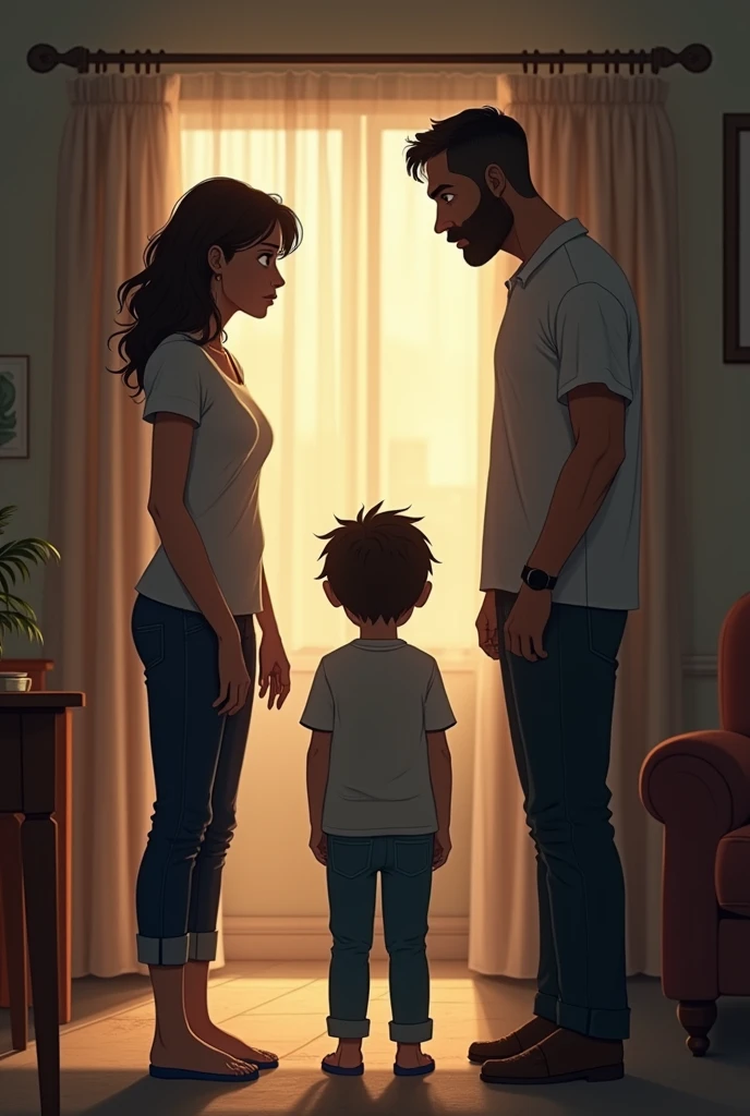 room, the family stands in a circle, with a clearly worried mother, 30 year old father scolds 1 son
, looking at the ground.