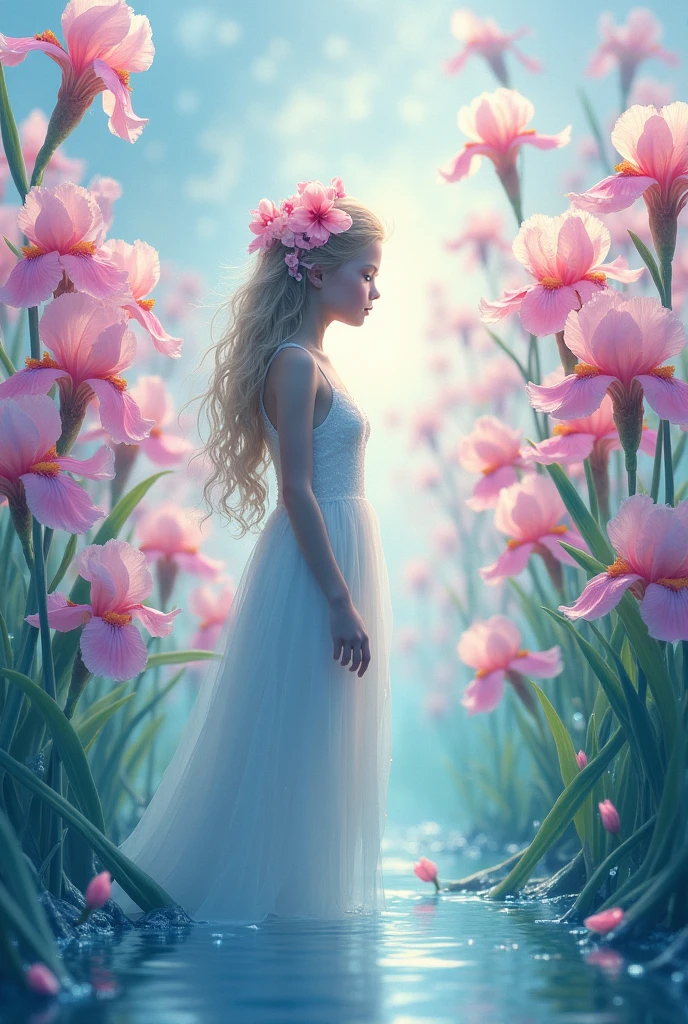 (Surreal world)、(water彩画風)、(Highest quality、detailed、masterpiece)、(Irises flower)、crystal flower,ピンクと白とwater色のグラデーション,water滴,shine, water,colorful,Dramatic lighting, Photographic realism, Botanical illustration、Flower Spirit Girl、Full of flowers、超detailed, 4K, Depth of written boundary, High resolution、