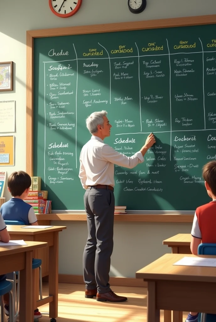 Draw illustrations: The teacher is drawing a schedule on the board.