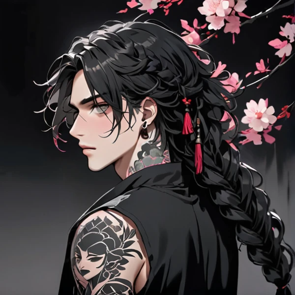 A guy with long black curly hair. Long black strands in the front,two pink braids at the back. Squinted dark grey eyes. Scar on half of the face. Loose black clothes. Lots of accessories. Willow Vine Tattoo On Arm. halo overhead.