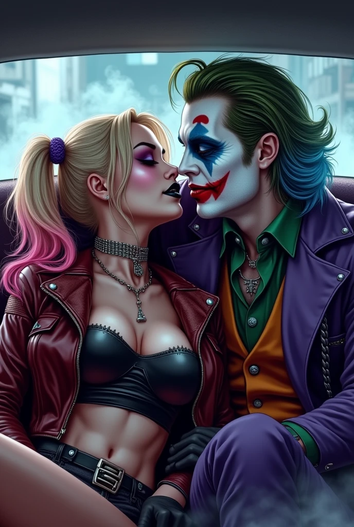Masterpiece, close up portrait of harley quinn. Pink and blue makup around her eyes with glossy black lips. She has a sexy demeanour, laughing and giggling while looking into the eyes of joker. She has thick long blonde hair tied in twin bunches with pink and blue ends and she is wearing a short tight black and red leather punk jacket with chains and spikes. Sitting next to her is the joker, white and red face paint and purple jacket with studs. Very Thick smoke fills the limousine like a fog. The joker is grabbing harley's throat and she likes it and is in love with joker. detailed and colourful digital comicbook art with deep shadows. Detailed drawing done by a professional comic artist.