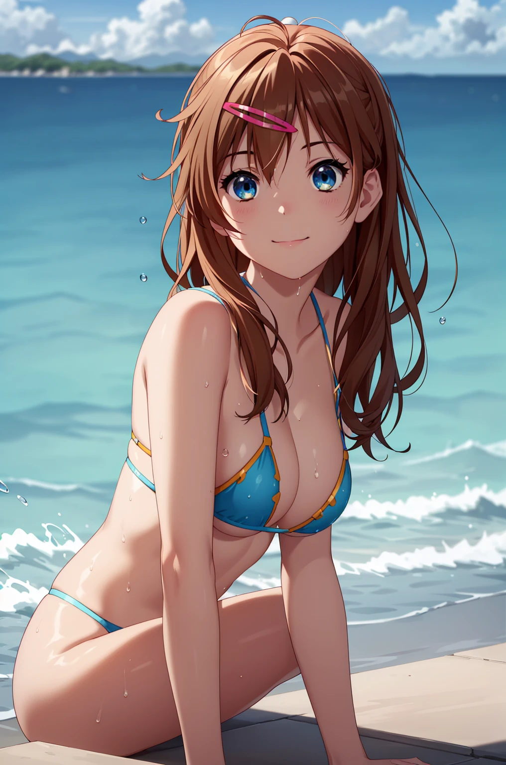 ((masterpiece, Highest quality, High resolution, uhd, Pixel perfect, Depth of written boundary, 4K, RTX, HDR)), 1 Girl, single, alone, 24-years-old, Anime Girls, Beautiful art style, anime character, ((Parted bangs, Brown Hair)), (blue eyes、Round eyes, Delicate eyelashes、Beautiful eyelashes, Perfect Eyes), (Detailed face:1.2), (Smooth texture:0.75, Realistic texture:0.65, Realistic:1.2, Cinematic, Anime CG Style), Perfect body、Moderately good breasts:1.7、Micro Bikini:1.8、Visible from the side:1.9、Wet、Water Drop、Splash、nsfw、もっとView from below、smile:1.8、Bra shoulder straps:1.8、In the sea:1.8、Sit with your knees bent:1.8、Visible from the side:1.8、The whole body is visible:1.8、View from below、Wind、Tropical、sunset、Lean back:1.8