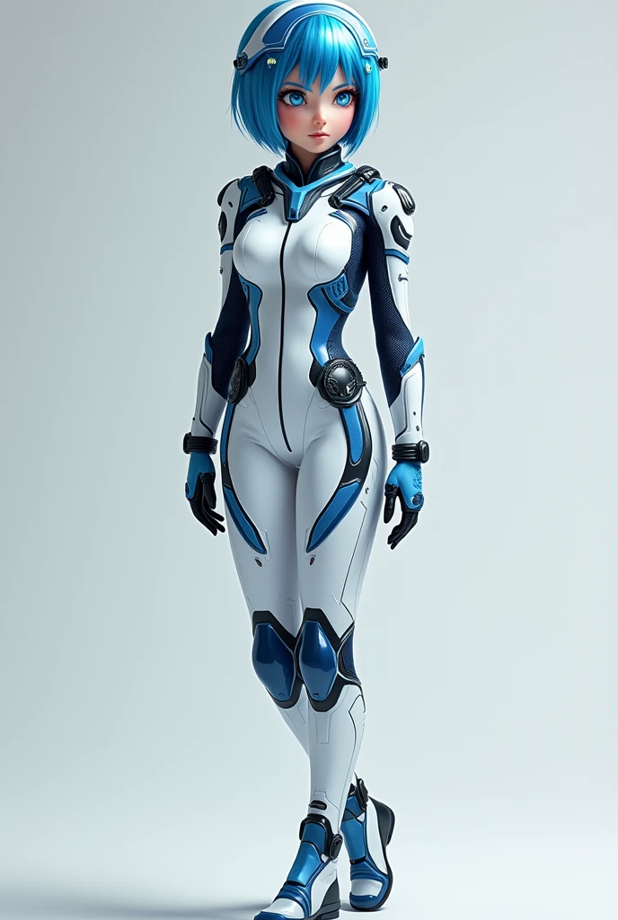 (masterpiece, highest quality, highest resolution, distinct_image, detailed details): (Solo, lone girl, Japan face, blue haired girl, short cut, full body figure, small size breasts, sparkling blue colored eyes, pilot suit in metallic white and blue color, tight fit clothes, clothes covering the whole body, beauty, slim body, exoskeleton, sexy pose, heroine, Full face helmet, knee boots)