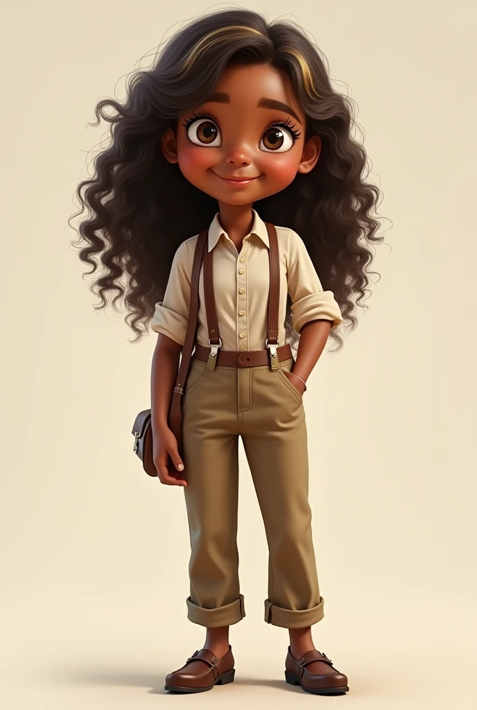 realistic profile, Young girl with dark brown skin, Animated character long curly hair, light brown with blonde highlights, light eyes, dressed in pants and blouse and vintage European style shoes, Whole body, smiling face, worker