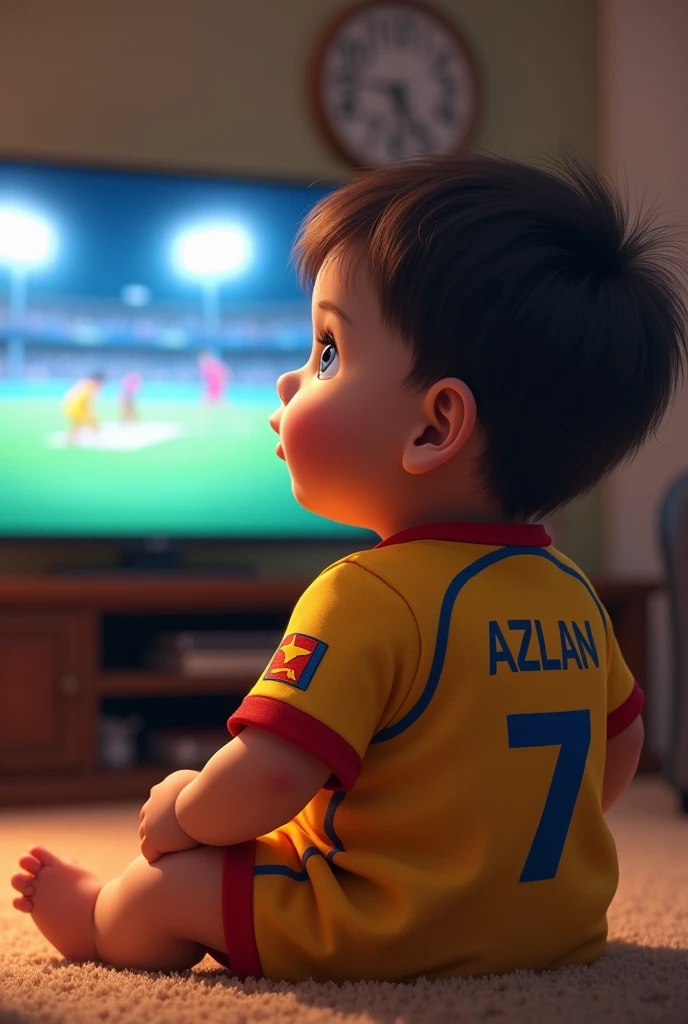 My baby son 11 month watching cricket match on tv wearing Sri Lankan jersey with number 7 name Azlan with cartoon pattern