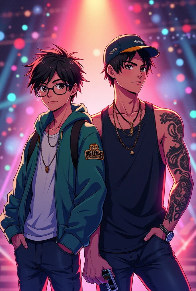 Cover of two age singers in concert, one skinny boy with glasses, the other muscular boy with a cap and a tattoo of a samurai on his forearm