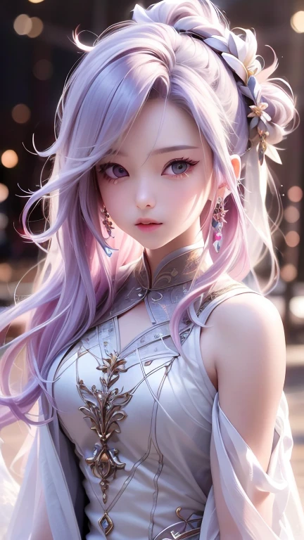 Best image quality, Masterpiece level, Ultra-high resolution, realism, Fantasy Theme, weapons, Facial details, girl, single, Hair Bun, Fairy tale theme, Upper Body, Chinese architecture, inflammation, Get more information on outdoor and cinema lighting, Increase overall ambient light detail, Face and eye details, improve the realism of body details, Express sharp focus clearly, Expressionless, White clothes, burgundy color hair, Bright Eyes, Simple Background.
