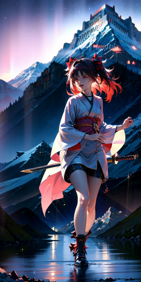 Science-Fiction, flauschige, uhd, 4k, textured skin, good quality, High details, masterpiece, best quality, (Amazingly absurd:1.2), (masterpiece:1.2), 1Girl, battoujutsu , evil laugh, not looking at viewer, Kimono, standing, looking in the distance, evil smirking, glowing red eyes, very long hair, shiny hair , fullbody, two colored hair, hairbow, glowing dress, black knee socks, Kawaiitech, soft colours, Kawaii, Beautiful colors, studio lighting, (Mountaintop:2), (Night:2),