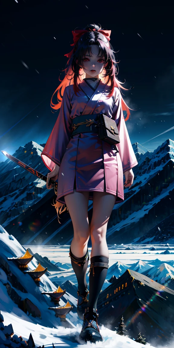 Science-Fiction, flauschige, uhd, 4k, textured skin, good quality, High details, masterpiece, best quality, (Amazingly absurd:1.2), (masterpiece:1.2), 1Girl, battoujutsu , evil laugh, not looking at viewer, Kimono, standing, looking in the distance, evil smirking, glowing red eyes, very long hair, shiny hair , fullbody, two colored hair, hairbow, glowing dress, black knee socks, Kawaiitech, soft colours, Kawaii, Beautiful colors, studio lighting, (Mountaintop:2), (Night:2),
