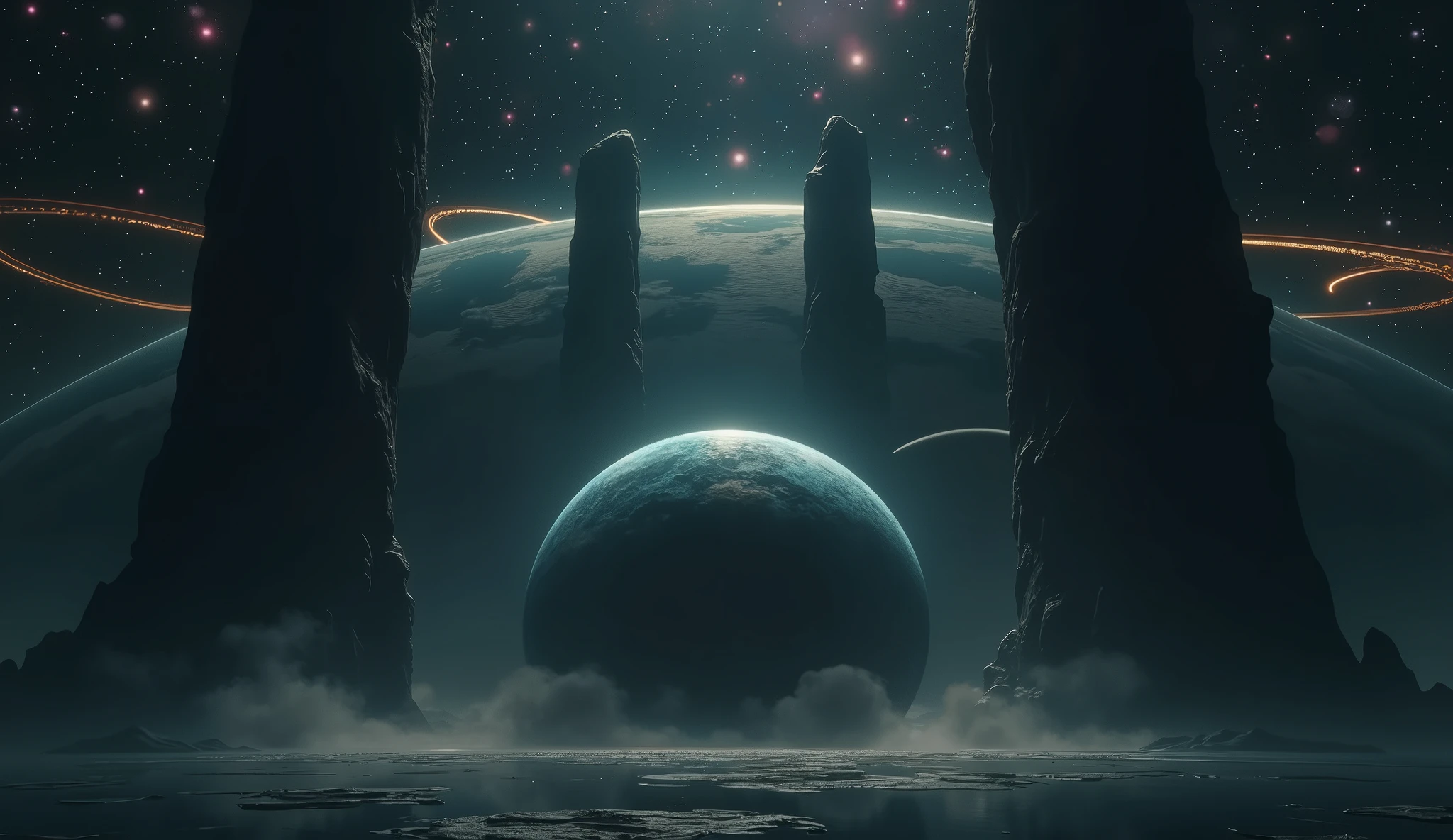 view of a planet in deep space, with stars of different colors, and 2 big planets with rings and moons in the back. the space has some bright colors, purple and pink
In the style of Makoto Shinkai。master piece, ultra detail, precision, ultra-realistic,
