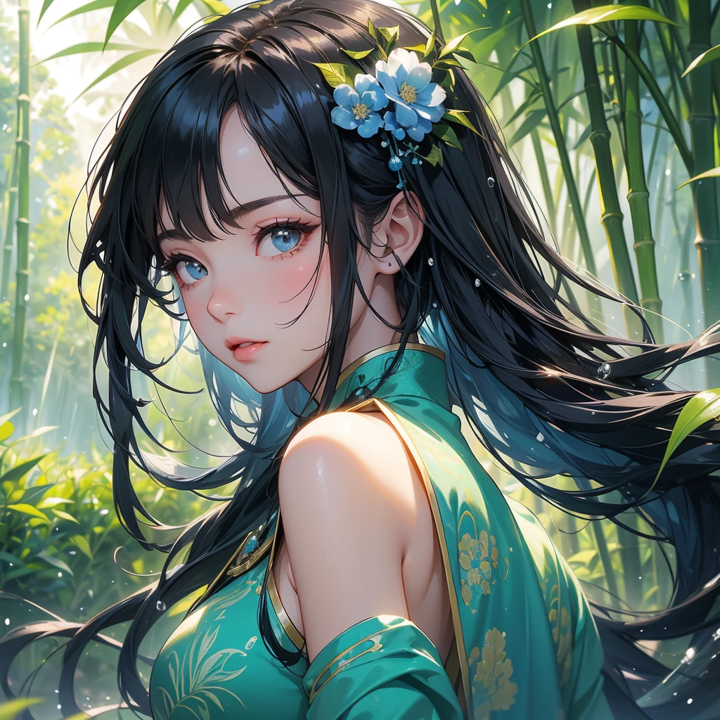 A beautiful girl with black long hair, wear blue ancient chinese clothes, with the sun shining on her face, close up.
The back is a lush green bamboo forest. The air after rain has water droplets splashing around.