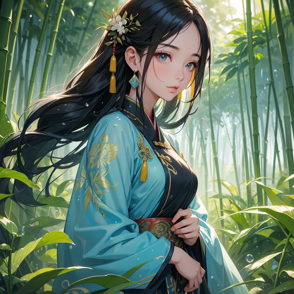 A beautiful girl with black long hair, wear blue ancient chinese clothes, with the sun shining on her face, close up.

The back is a lush green bamboo forest. The air after rain has water droplets splashing around.