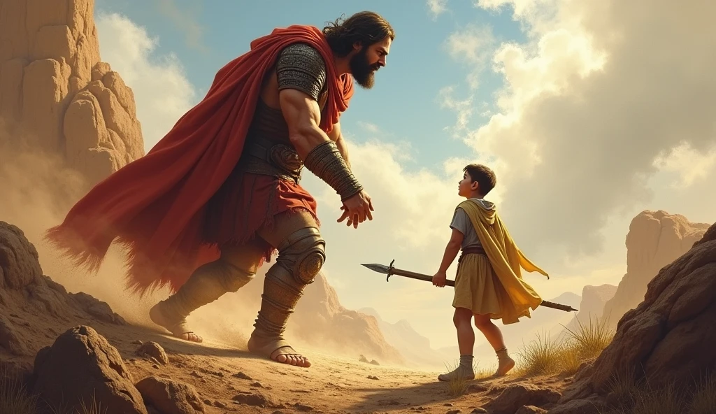 make the fight of david and goliath hyperrealistic, Goliath doesn't wear a mask, bible version