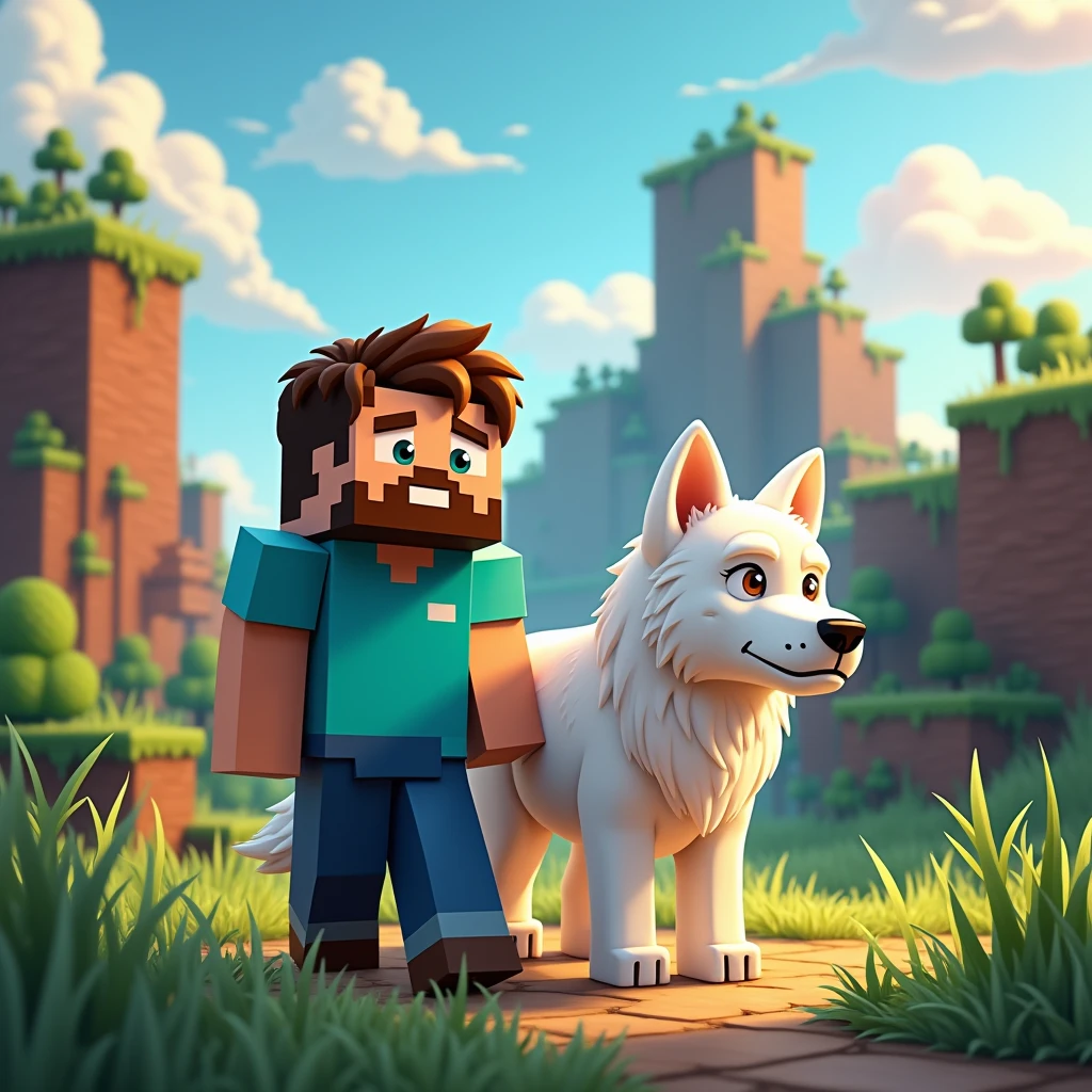 2D cartoon design of Steve with beard and real human body without cube and his white wolf with real shape without cube in Minecraft land 