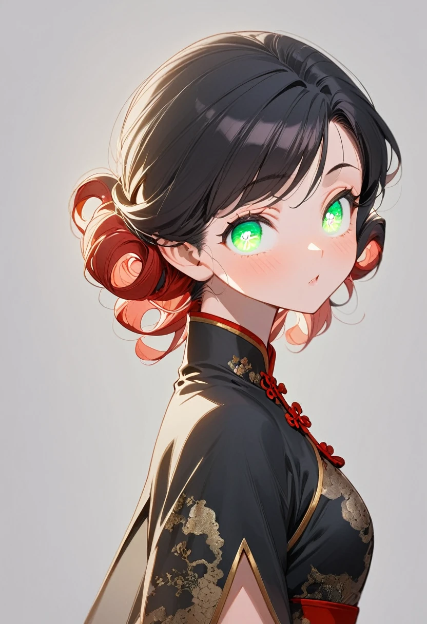 1 girl,medium hair, curly hair,(long nape), swept bangs,([black hair):(red hair):0.3],green eyes, black china costume, midnight, moonrising , gauntlet,from front, masterpiece,best quality, ultra details,pure color,soft line,soft touch, {{watercolor}},transparent eyes 