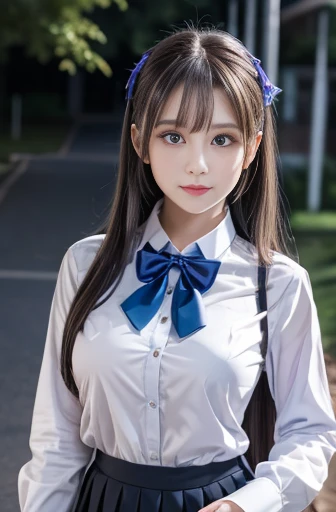 Highest quality, masterpiece, Ultra-high resolution, 8K RAW Photos:1.5, One Girl, alone, high school girl,, White shirt, Black Skirt, Light Hair, Semi-long hair, Beautiful detailed girl, Highly detailed eyes and face, Beautiful attention to detail, charm,shy, nature_Lighting, Shine,Browsing Caution, clean null, View your audience, Outdoor, night null, star (null), loafers, Black Pantyhose, Blue bow tie, Straight hair, Purple petals, Purple and blue flowers, Red eyes, ponytail, Blue Ribbon,Gray Hair, thick_Thighs, Large Breasts, Red eyes,