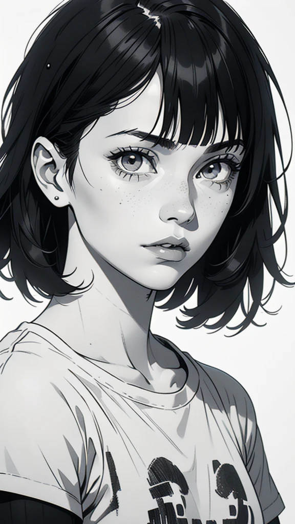 1 boyish girl, solo, sharp eyes, monochrome, greyscale, short black hair, portrait, white T-shirt, closed mouth, looking at viewer, graphite \(medium\), detailed lips, hatching \(texture\), without makeup, bangs, upper body, (best illustration), (best quality), (very detailed), (masterpiece), expressionless,