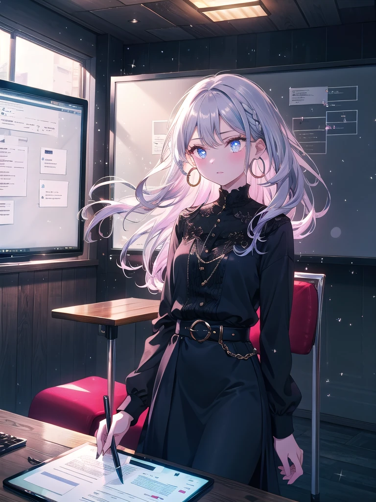 ((8k, Highest quality, masterpiece: 1.3)),Ultra-high resolution,(1 girl, alone), (Color changing eyes, Ultra-detailed, Expressive brilliance, Glitter, Glowing Eyes), Highly detailed eyes, Highly detailed face, Random Hair, ((pastel colour)) In a corporate meeting room, the woman is seated at a long table, reviewing documents with her laptop open in front of her. The room is minimalist, with sleek furniture, a projector screen, and a glass wall offering a view of the bustling office outside. The table is set with a few documents, a tablet, and a cup of coffee. On the wall, there’s a digital clock and a whiteboard with brainstorming notes from a previous meeting. She’s dressed in a tailored navy dress with a matching belt, and she’s wearing black pumps. Her hair is styled in loose waves, and she’s wearing a pair of small hoop earrings. She glances at the camera with a focused and slightly tense expression, as if preparing for an important presentation.
