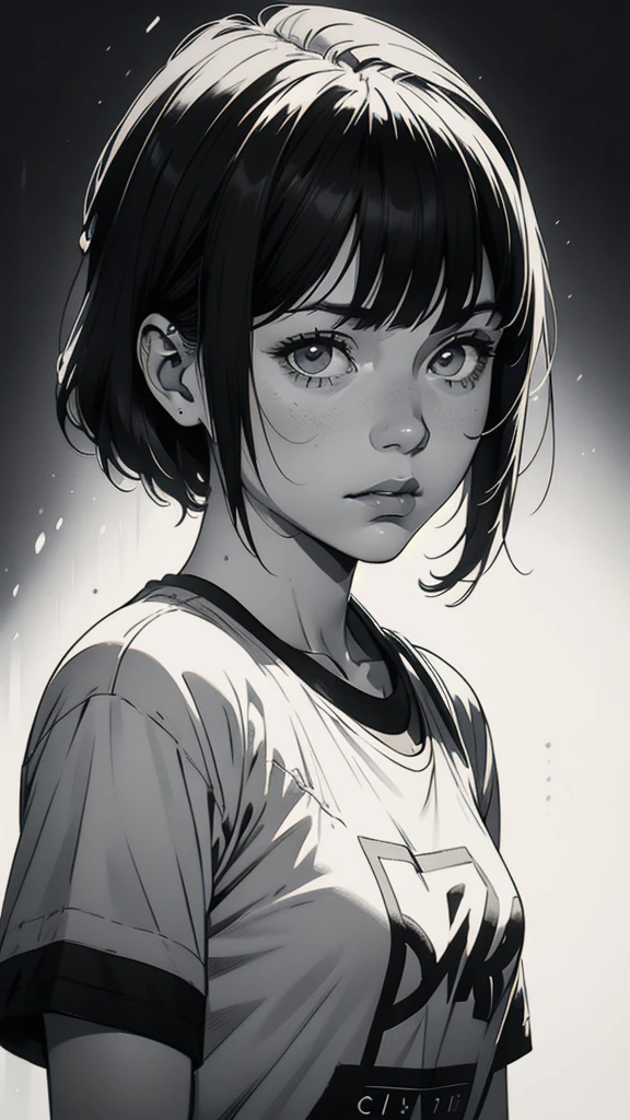 1 boyish girl, solo, sharp eyes, monochrome, greyscale, short black hair, portrait, white T-shirt, closed mouth, looking at viewer, graphite \(medium\), detailed lips, hatching \(texture\), without makeup, bangs, upper body, (best illustration), (best quality), (very detailed), (masterpiece), expressionless,
