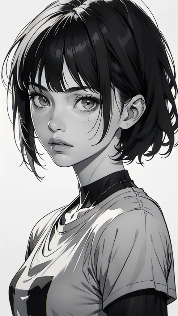 1 boyish girl, solo, sharp eyes, monochrome, greyscale, short black hair, portrait, white T-shirt, closed mouth, looking at viewer, graphite \(medium\), detailed lips, hatching \(texture\), without makeup, bangs, upper body, (best illustration), (best quality), (very detailed), (masterpiece), expressionless,
