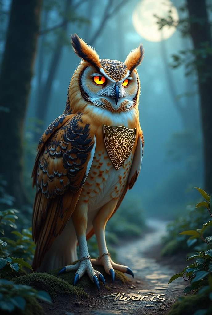 Prompt:
A majestic Barn Owl, its chest adorned with intricate Celtic knotwork, stands on a moonlit forest path. The owl's eyes glow with an ethereal light, and the name "Awais" is inscribed in ancient runes beneath its feet.