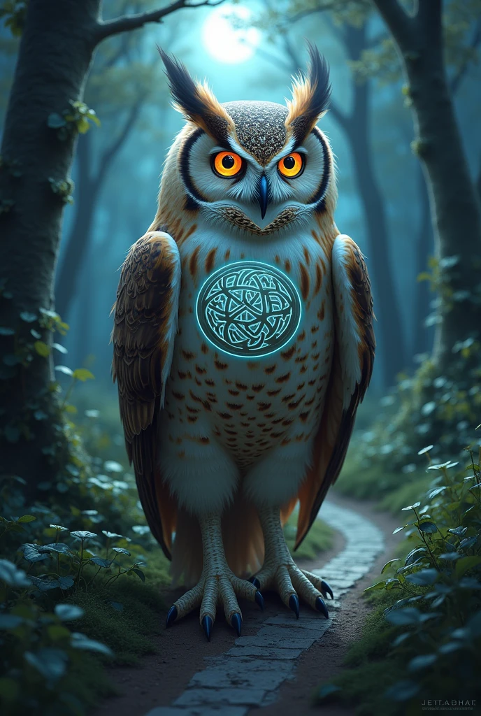 Prompt:
A majestic Barn Owl, its chest adorned with intricate Celtic knotwork, stands on a moonlit forest path. The owl's eyes glow with an ethereal light, and the name "Awais" is inscribed in ancient runes beneath its feet.
