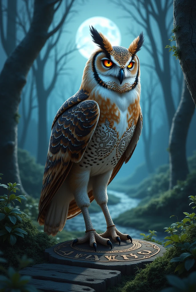 Prompt:
A majestic Barn Owl, its chest adorned with intricate Celtic knotwork, stands on a moonlit forest path. The owl's eyes glow with an ethereal light, and the name "Awais" is inscribed in ancient runes beneath its feet.
