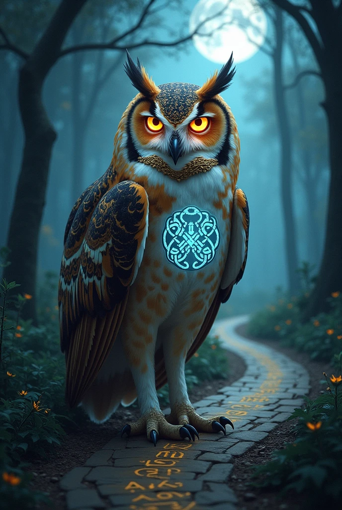 Prompt:
A majestic Barn Owl, its chest adorned with intricate Celtic knotwork, stands on a moonlit forest path. The owl's eyes glow with an ethereal light, and the name "Awais" is inscribed in ancient runes beneath its feet.