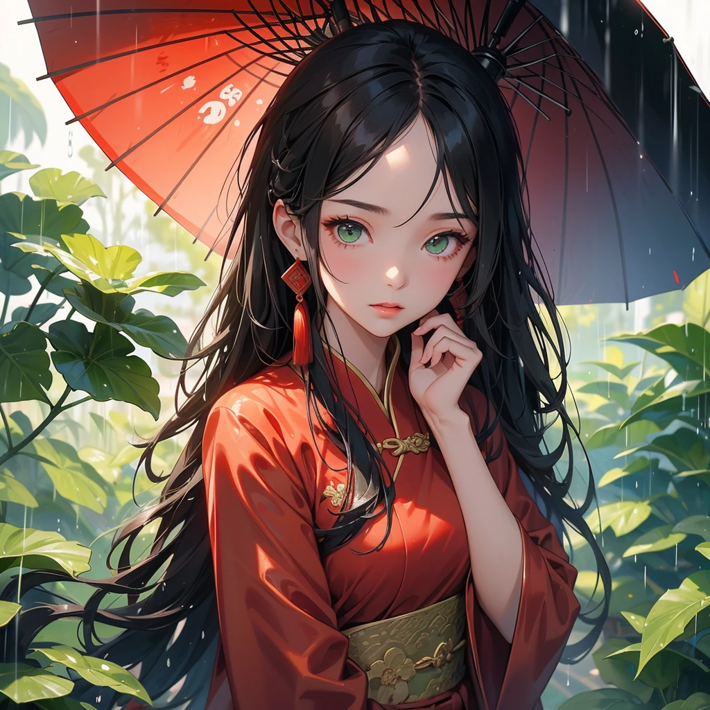 A beautiful girl with black long hair, wear red ancient chinese clothes, with the sun shining on her face, close up.
Stand holding an umbrella to protect from the rain. Rain fell and splashed around. There are water droplets falling on the leaves in the surrounding area, green and moist, the atmosphere after rain.