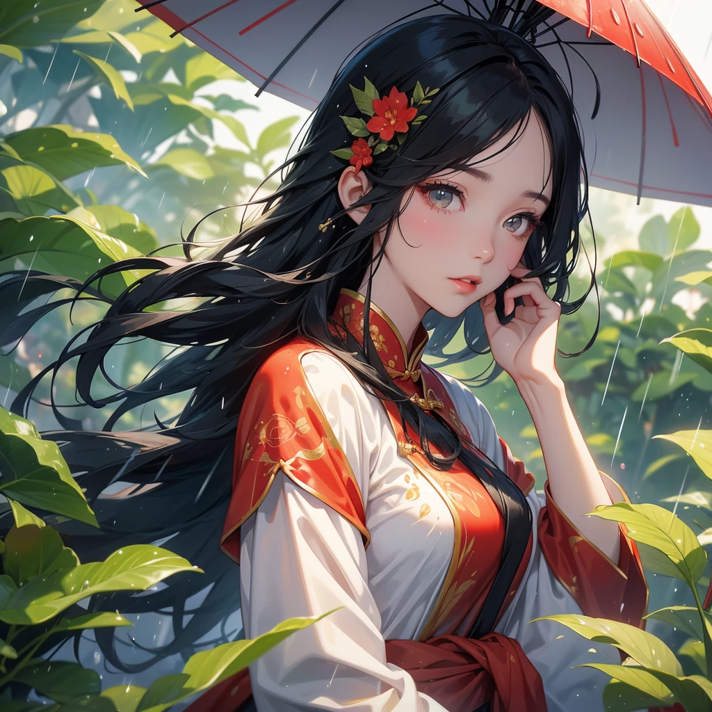 A beautiful girl with black long hair, wear red ancient chinese clothes, with the sun shining on her face, close up.
Stand holding an umbrella to protect from the rain. Rain fell and splashed around. There are water droplets falling on the leaves in the surrounding area, green and moist, the atmosphere after rain.