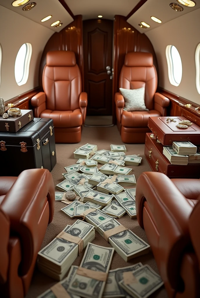 Interrieur d’un get privé avec des liasses de billets et des affaires de luxe