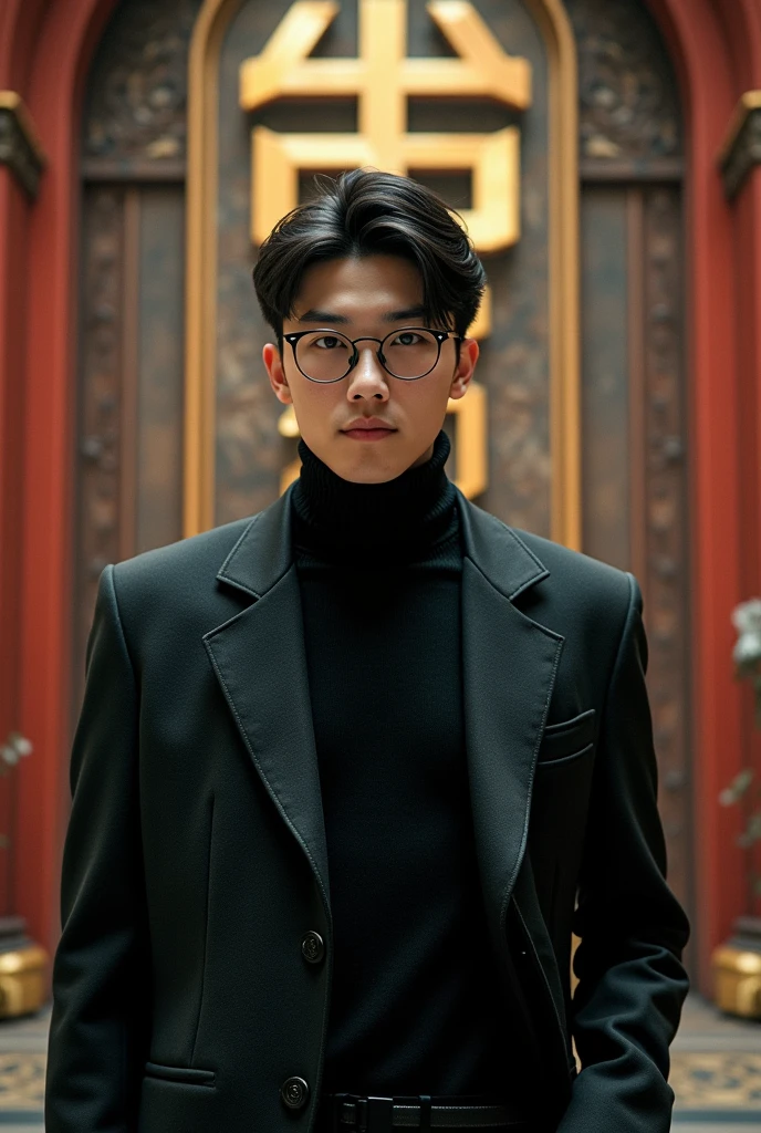 create a character of God to control the world, insert the large 3D text: “Pras”, background from room and time, HD, realistic, use glasses, male, age 20, handsome korean style, full body