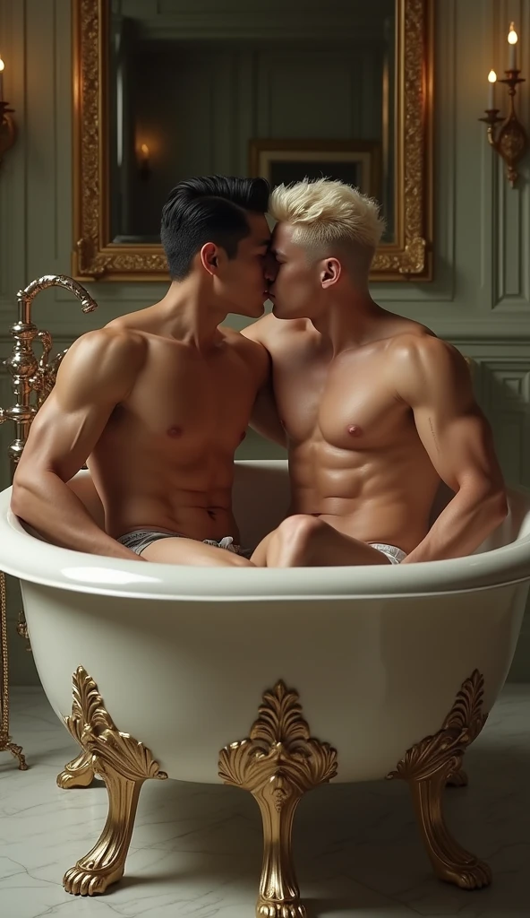 Two muscular naked boys kissing,lying down in the big Bathtub,one boy is Asian boy, one boy is super white skinned western boy with blonde hair, Raised sexy , full body shot , bulging crotch, erotic
