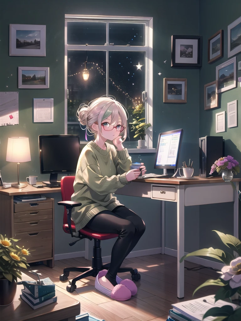 ((8k, Highest quality, masterpiece: 1.3)),Ultra-high resolution,(1 girl, alone), (Color changing eyes, Ultra-detailed, Expressive brilliance, Glitter, Glowing Eyes), Highly detailed eyes, Highly detailed face, Random Hair, ((pastel colour))The woman is seated at a large desk in her spacious home office, surrounded by paperwork and gadgets. The room is decorated with light-colored walls, a large abstract painting, and a window that offers a view of a garden with blooming flowers. Her desk is cluttered but organized, with a desktop computer, a stack of files, a coffee cup, and a desk lamp. There’s also a calendar, a family photo, and a few sticky notes on the monitor. She’s wearing a casual olive green sweater, black leggings, and comfortable slippers. Her hair is tied back in a messy bun, and she’s wearing reading glasses. She looks at the camera with a slightly frazzled but determined expression, capturing the essence of a busy work-from-home day.