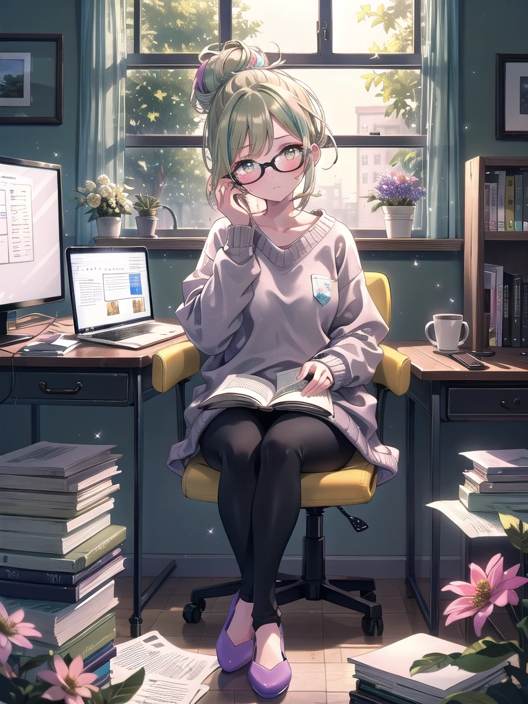 ((8k, Highest quality, masterpiece: 1.3)),Ultra-high resolution,(1 girl, alone), (Color changing eyes, Ultra-detailed, Expressive brilliance, Glitter, Glowing Eyes), Highly detailed eyes, Highly detailed face, Random Hair, ((pastel colour))The woman is seated at a large desk in her spacious home office, surrounded by paperwork and gadgets. The room is decorated with light-colored walls, a large abstract painting, and a window that offers a view of a garden with blooming flowers. Her desk is cluttered but organized, with a desktop computer, a stack of files, a coffee cup, and a desk lamp. There’s also a calendar, a family photo, and a few sticky notes on the monitor. She’s wearing a casual olive green sweater, black leggings, and comfortable slippers. Her hair is tied back in a messy bun, and she’s wearing reading glasses. She looks at the camera with a slightly frazzled but determined expression, capturing the essence of a busy work-from-home day.