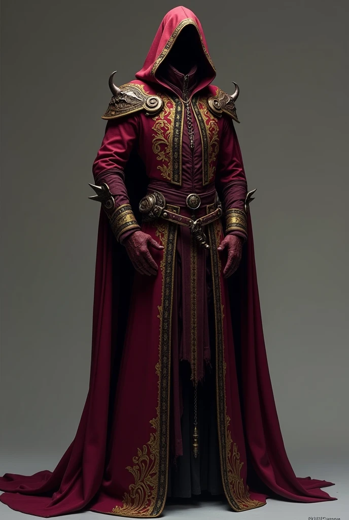 A design for historical fantasy clothing ideas,evil cruel vibes,deep wine red with black,gold patterns 
