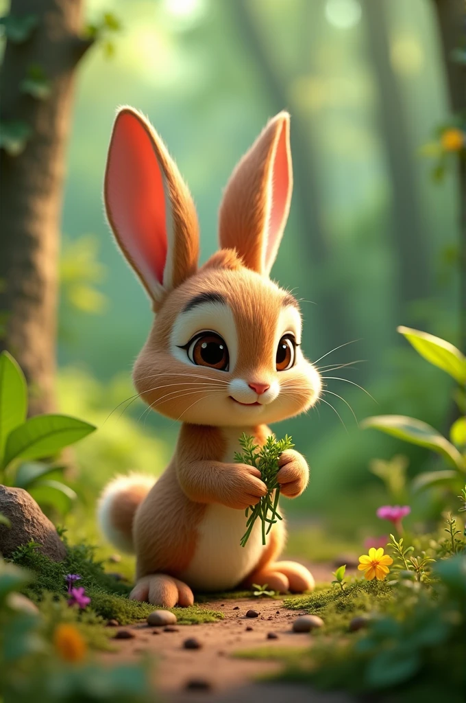 In cinematic 3d cartoon style "Show Babul the rabbit in a forest, gathering various medicinal herbs and plants. He should be busy picking herbs, with a determined look on his face.
Babul Presenting Herbs to the Lion:
