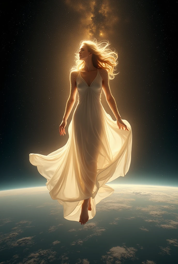 best quality、high resolution、8K)、Alone in space、goddess、Shut up and smile、Floating、whole body、Super beautiful、Perfect body、White Dress、(floating in the sky like a star、floating、floating)、金色の光がwhole bodyを包んでいる、whole bodyが光の中にある、Look down on the earth，The ocean world unfolds before your eyes, Revealing the gentle rise and fall of alien tides. The soft glow of distant galaxies illuminates the atmosphere, Casts ethereal tones on the horizon