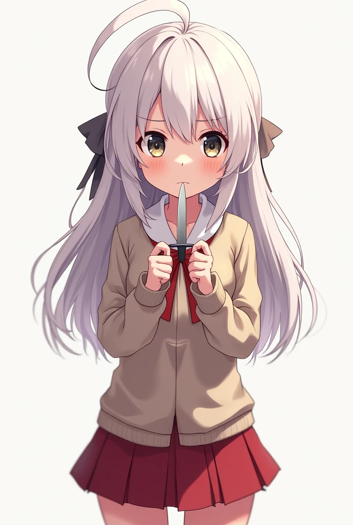 A female character resembling Chara from Undertale and has her hair changed to white and is asked to hold a knife and pretends to press the reset button from Frisk's power from Undertale and is an anime character and has the power of determination.