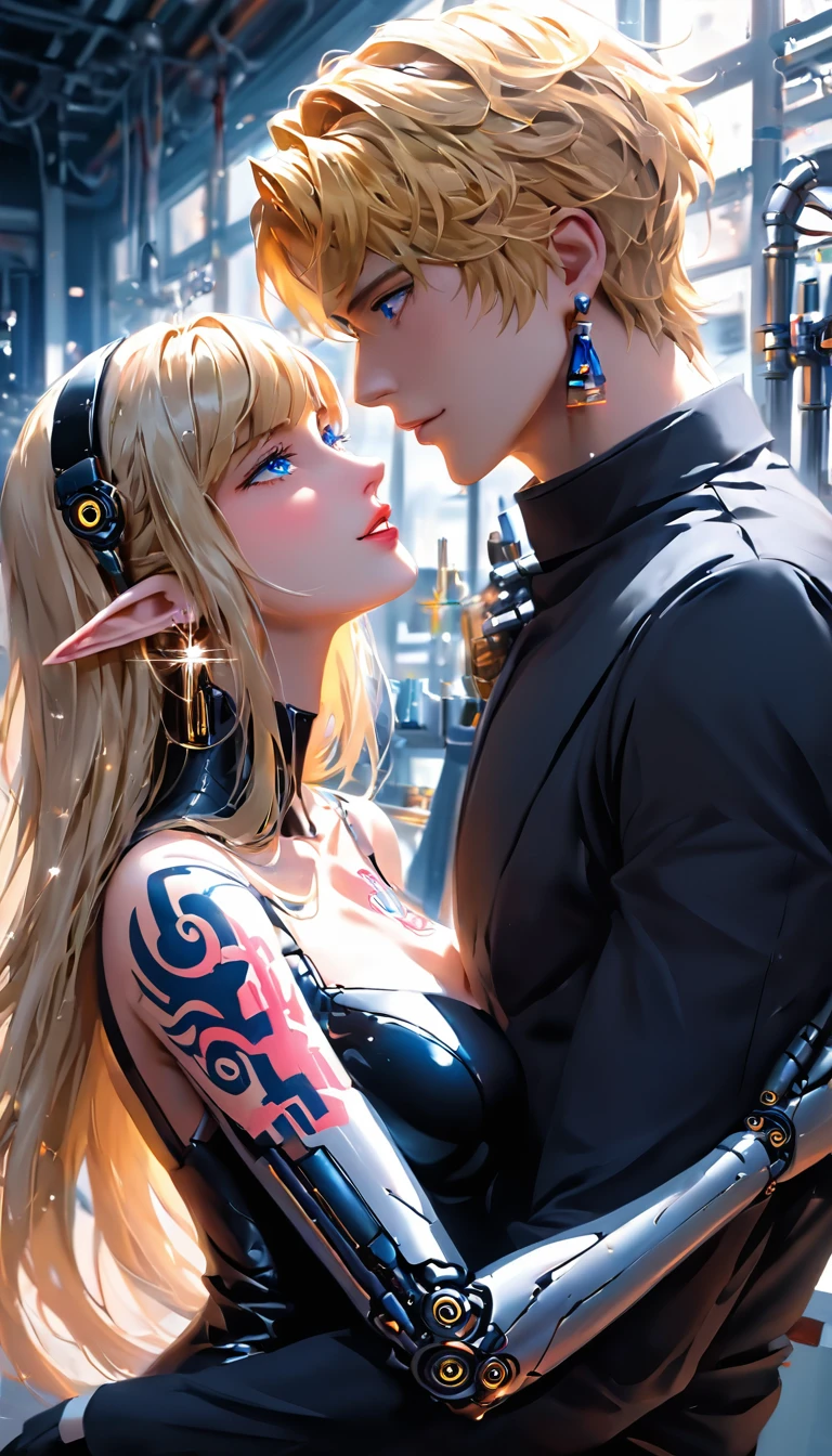 guy and girl ethereal demonic 2 anime guy 女 druids, metallic long light blonde hair, delicate masterpieceintimate delicate etched Shine neon tattoos, Amazing panoramic painting of a beautiful and gorgeous winking robot ((male)) I almost kissed her, Perfect Face, blue eyes/Blue pastel eyes, long golden color/Golden fine hair,, Earrings, Laboratory Experiments, Perfect Anatomy, Centered, Near perfect, dynamic, Very detailed, Shine, artステーション, コンセプトart, Soft and sharp focus, art:Kahne Griffith and Vadim Kashin, Airbrush graffiti techniques, High Resolution Accent Lighting, amazing, Elf atmosphere, Contrast with vibrant paint colors., Futuristic Cyborg in 2950,male女二人、Two people who love each other