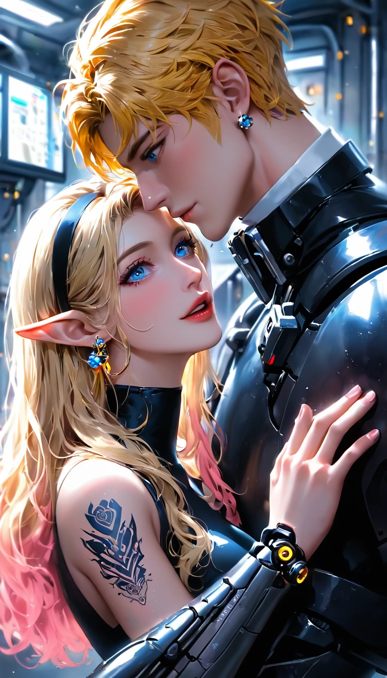 guy and girl ethereal demonic 2 anime guy 女 druids, metallic long light blonde hair, delicate masterpieceintimate delicate etched Shine neon tattoos, Amazing panoramic painting of a beautiful and gorgeous winking robot ((male)) I almost kissed her, Perfect Face, blue eyes/Blue pastel eyes, long golden color/Golden fine hair,, Earrings, Laboratory Experiments, Perfect ???????, Centered, Near perfect, dynamic, Very detailed, Shine, artステーション, コンセプトart, Soft and sharp focus, art：Kahne Griffith and Vadim Kashin, Airbrush graffiti techniques, High Resolution Accent Lighting, amazing, Elf atmosphere, Contrast with vibrant paint colors., Futuristic Cyborg in 2950,male女二人、Two people who love each other