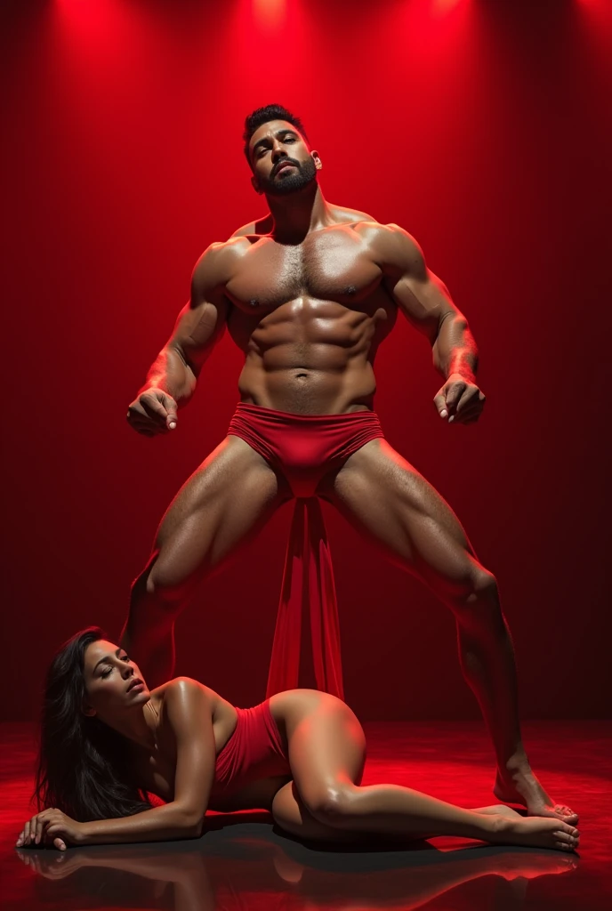 A young Puerto Rican man hairy bearded strong muscular red underwear bulge bulge, standing with his legs spread wide open on top of a beautiful woman in red panties lying on the floor below, having his underwear pulled down with his hands by the woman, in performance on a stage of a television program presented by a famous presenter.