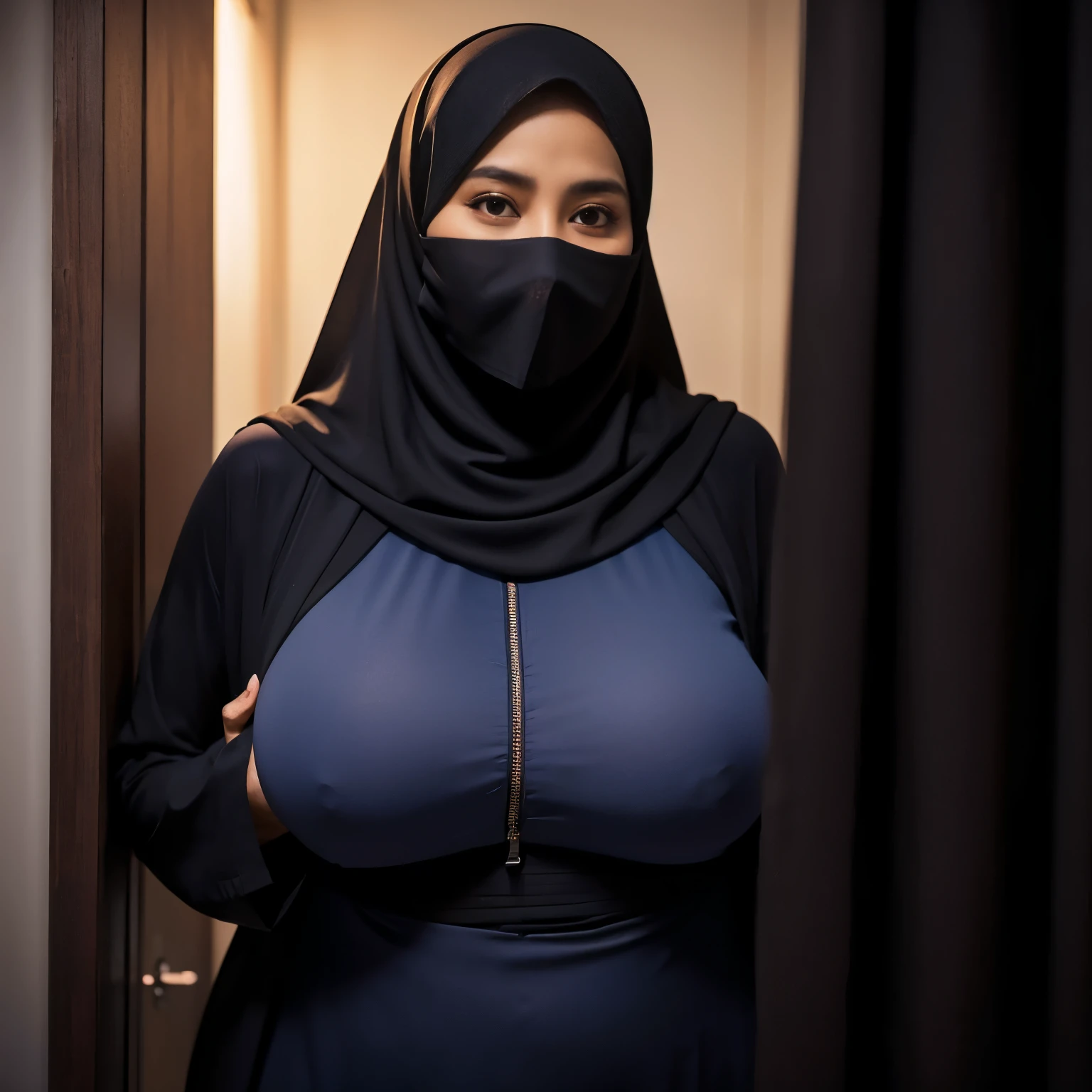 45-Years-Old, Hijab Indonesian mature woman, ( Massive Large  : 1.2), Burqa, curvy body, Breast about To burst out from her clothes, at doctor office, Dark light, at Nighttime.