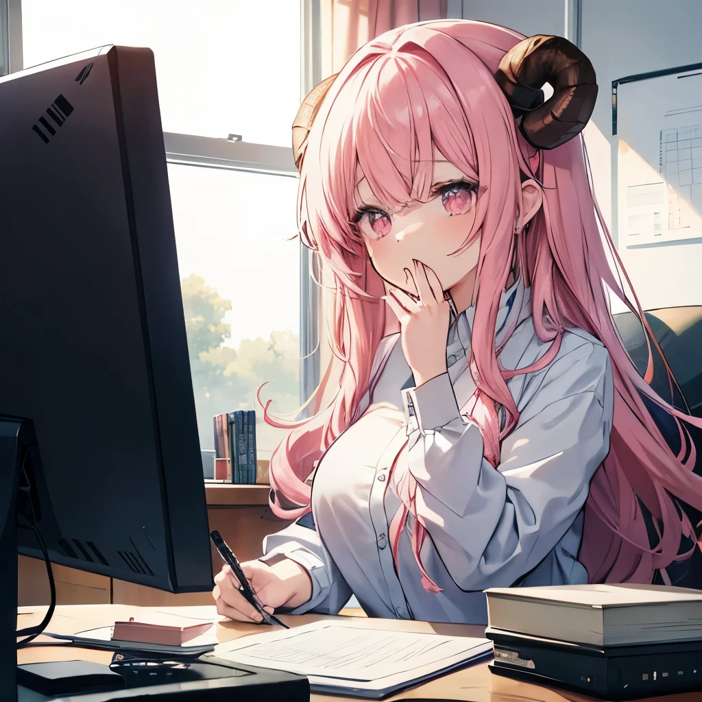 An anime-style illustration of ‘Fua-chan’ working while yawning. Fua-chan has distinctive features: long pink hair styled in soft curls resembling sheep’s horns, and pink eyes. She is depicted sitting at a desk with a computer or paperwork in front of her, one hand covering her mouth as she lets out a big yawn. Her eyes are slightly droopy, and she looks a bit tired, but she’s still focused on her work. She is wearing casual work attire, and the background shows a cozy, softly lit office or study space, emphasizing the calm yet slightly fatigued atmosphere as she powers through her tasks.