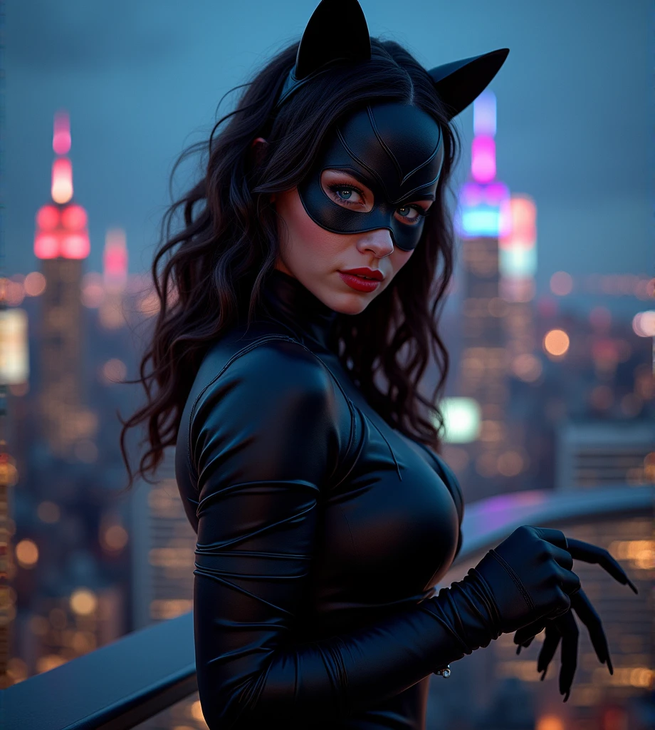 Sydney Sweeney Black Cat with darkbrown hair standing at the New York roofs, neon lights, night, red lips, bodysuit, mask, closed mouth, sexy look, open legs, ((gloves with claws)), upper body close portrait, a girl has (huge round firm athletic pumped tits:1.4) and beautiful athletic 6-pack abs. A girl has also beautiful slim athletic skini athletic legs and beautiful slim athletic skini athletic arms, super detailed athletic 6-pack abs, Porta 160 color, shot on ARRI ALEXA 65, sharp focus, ((highest details, photorealistic, high background details, high face details)), stockings, city landscape, slim and fit body, athletic, little musculus, analog style, hyper detailed movie portrait of gorgeous (syds athletic fitness woman:1.35), ((blue eyes, smooth and clear pupils in the eyes))
