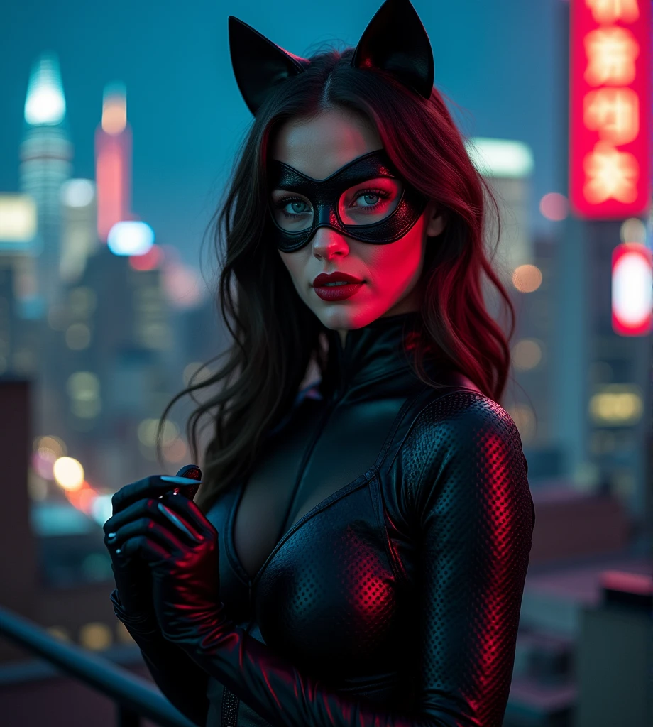 Batman confronting a thai ladyboy playing Catwoman,(beautiful detailed eyes,beautiful detailed lips,extremely detailed eyes and face,longeyelashes),sassy pose,cute outfit,redlight district at night,neon lights,pulsating atmosphere,moody and mysterious environment,(best quality,highres:1.2),ultra-detailed,(realistic:1.37),HDR,vivid colors,dark tones,portraits,concept artists