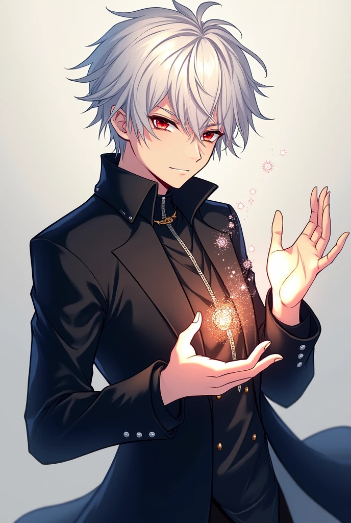 Inspired by the anime and manga black clover: Young male teenager aged 17, White hair, Red eyes, He has a magic mark with a symbol representing time on his left eye., black set like a long coat simulating holding a "grimorio", saying "grimorio" It would be a kind of magic mark with a shape representative of time. , Likewise the young man would be pretending to hold the "floating grimoire" with a neutral expression