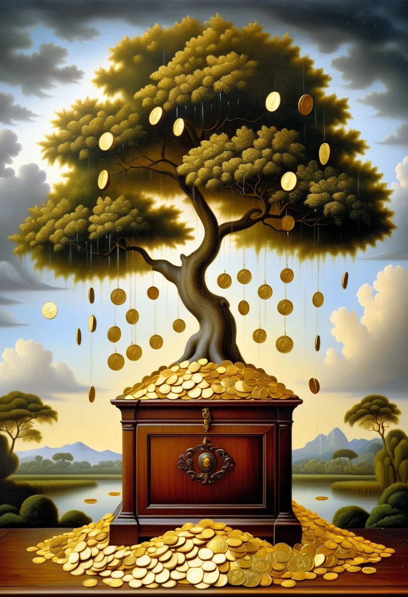 surreal illustration by Kevin Sloan, oil painting, "rain of gold coins, money tree, chest of coins, against the background of Renaissance wildlife, ((Kevin Sloan style)) ,((Hyperrealistic)), Kevin Sloan gradient, Intricate details, intricate, aesthetics, ((best quality, Masterpiece)), ((Highest detail), Octane rendering, hd, f/2.8, 8K