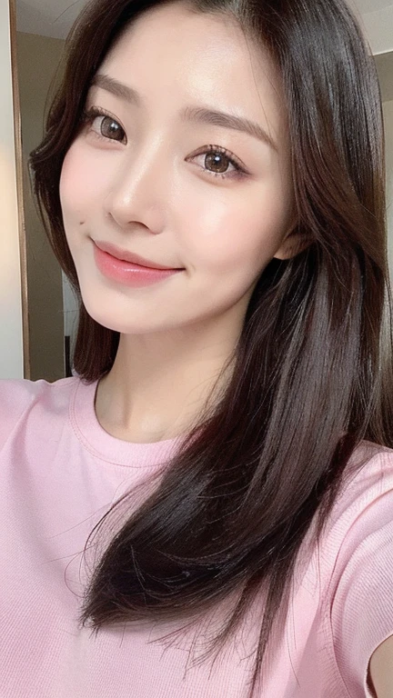 (Real, High resolution:1.3), One girl with a perfect body, Very beautiful face and eyes,Long Hair, Pink short sleeves:1.2, The gaze is straight,smile