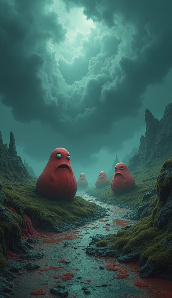 A twisted, colorful landscape resembling the Barbapapa world, but with a dark, sinister atmosphere. The iconic Barbapapa shapes are seen in the distance, but they appear distorted and monstrous, as if melting into the ground. The sky is filled with swirling dark clouds, and the environment feels suffocating and oppressive, with the colors looking sickly rather than vibrant.